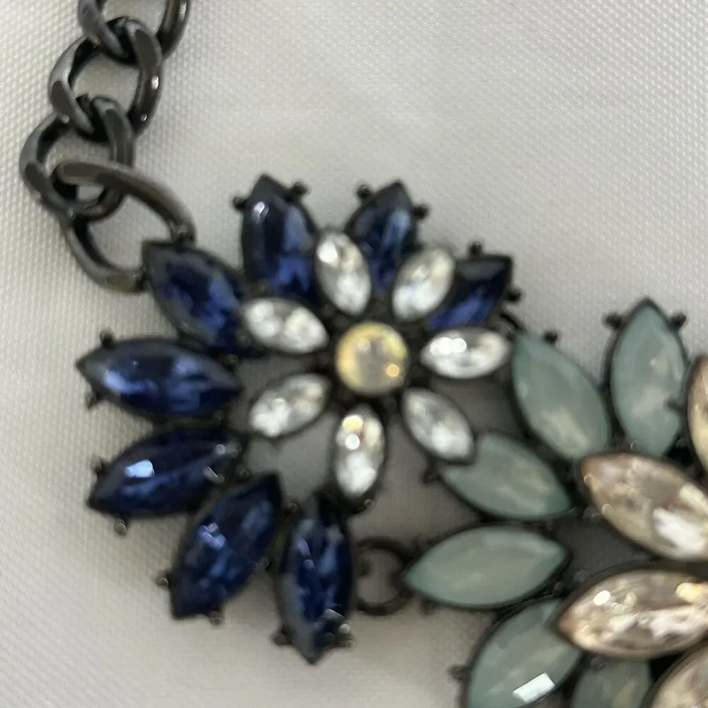 Joan Rivers Statement Necklace Rhinestone Blue Flowers Gunmetal Chain with Clasp